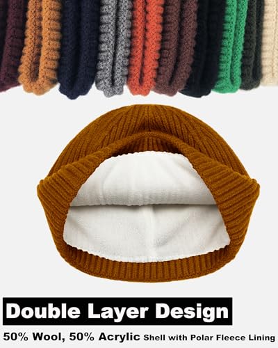 Short Fisherman Beanie for Men Women Wool Fleece Lined Winter Hat - color: 1pcs-camel