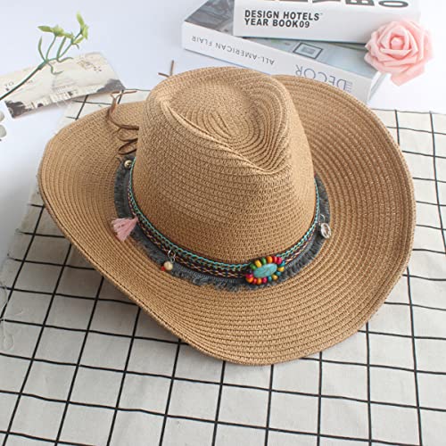 Men Straw Cowboy Hat Women Cowgirl Fedora Wide Brim Beach Sun Hat - color: Khaki, With Decorative Beads & Tassels