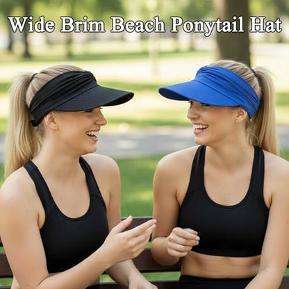2 Pack Sun Visor Hat Wide Brim Womens Beach Hats Foldable Golf Women Visors - color: Black, Blue