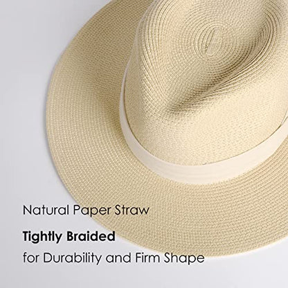 FURTALK Womens Mens Wide Brim Straw Panama Hat Fedora Summer Beach Sun Hat - color: Beige-white, size: Medium-Large