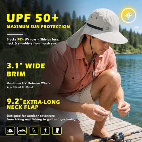 TOP-EX Oversized UPF50+ Sun Hat for Big Heads with Neck Flap & Wide Brim - color: Light Grey, size: Large-X-Large