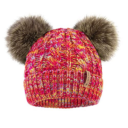 Arctic Paw Pom Pom Beanie Cable Knit Fleece Lined Winter Beanie Women Hat - color: Mix Pink Yellow