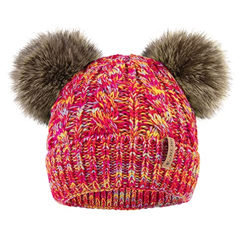 Arctic Paw Pom Pom Beanie Cable Knit Fleece Lined Winter Beanie Women Hat - color: Mix Pink Yellow