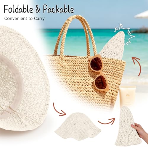 Sun Hat for Women Summer Straw Beach Hats Bucket Hat Floppy Crochet Hat - color: White