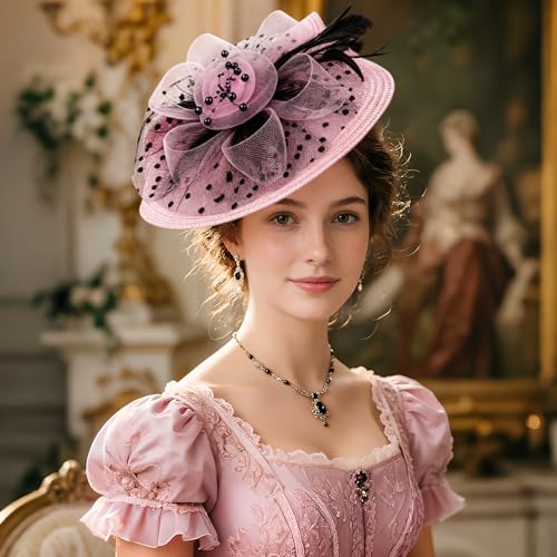 DRESHOW Fascinators Hat Flower Mesh Feathers Hat with a Headband and a Clip 7.9" Tea Party Headwear for Women - color: Folded Style 2: Pink & Black / 7.9"