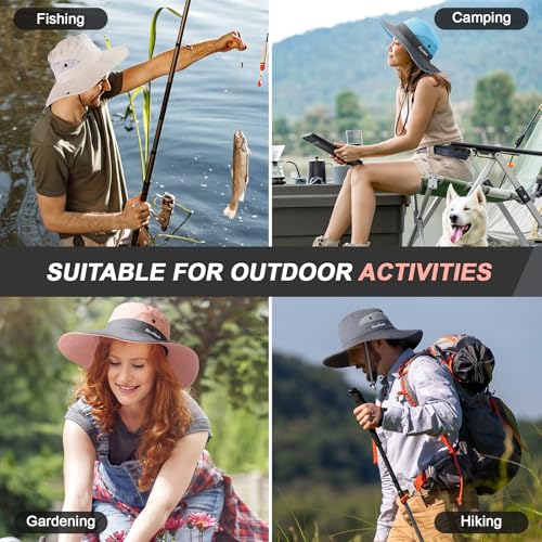 Womens Sun Hat with Ponytail Hole, UV Protection Foldable Beach Fishing Hat - color: Pink & Grey