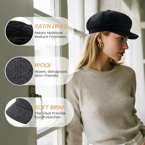 VOBOOM 8 Panel Wool Tweed Newsboy Gatsby Ivy Cap Golf Cabbie Driving Hat - color: Pain Black
