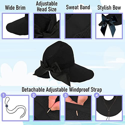 Straw Sun Visor for Women, Wide Brim UPF 50+ Protection Beach Hat, Adjustable, Roll Up Foldable Ponytail Cap with Chin Strap - color: A Black