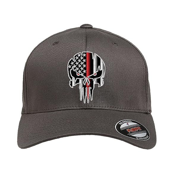G&B Red Thin Red/Blue Line Spartan Helmet & Distressed Skull Flex Baseball Cap. Embroidered. 6277/6477 Flex Baseball Hat - color: Dark Grey, size: Small-Medium