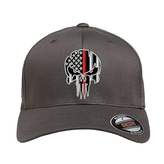 G&B Red Thin Red/Blue Line Spartan Helmet & Distressed Skull Flex Baseball Cap. Embroidered. 6277/6477 Flex Baseball Hat - color: Dark Grey, size: Small-Medium