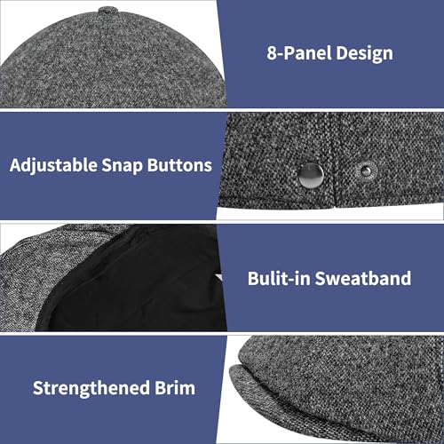 Men's Wool Blend Newsboy Cap Adjustable Gatsby Ivy Newsies Cabbie Hat Classic 8 Panel Tweed Flat Winter Hat - color: Plaid Darkgrey_2, size: Medium