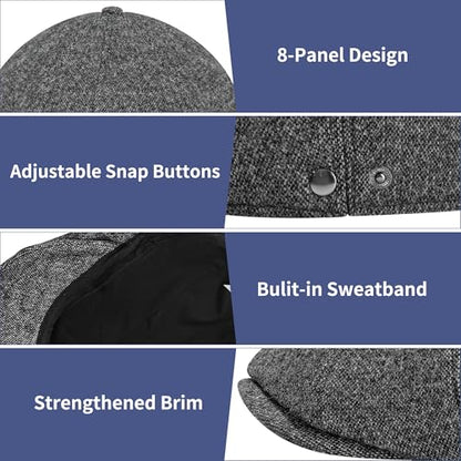 Men's Wool Blend Newsboy Cap Adjustable Gatsby Ivy Newsies Cabbie Hat Classic 8 Panel Tweed Flat Winter Hat - color: Plaid Darkgrey_2, size: Medium