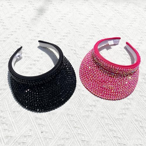 2 Pack Sparkly Rhinestone Clip on Visor Hats Women Men Sun Visors Hat Crystal Studded Shiny Sports Golf Beach Tennis Caps - color: Black-pink