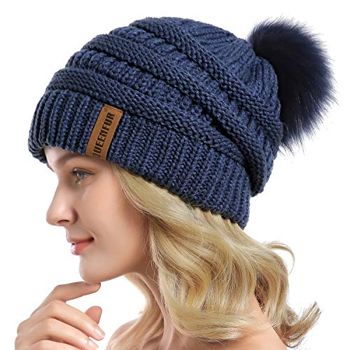Women Knit Slouchy Beanie Chunky Baggy Hat with Faux Fur Pompom Winter Soft Warm Ski Cap - color: E4-denim Blue