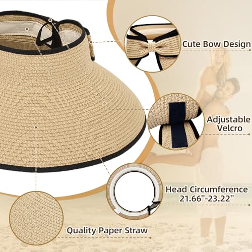 Sun Hats for Women Wide Brim Straw Sun Visors Ponytail Hat - color: Beige With Black