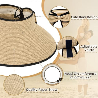 Sun Hats for Women Wide Brim Straw Sun Visors Ponytail Hat - color: Beige With Black