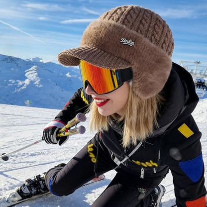Winter Trapper Beanie Hats for Women Men, Fleece Lined Knit Hat with Brim Ear Flaps, Ear Warmers Cold Cap - color: Purple