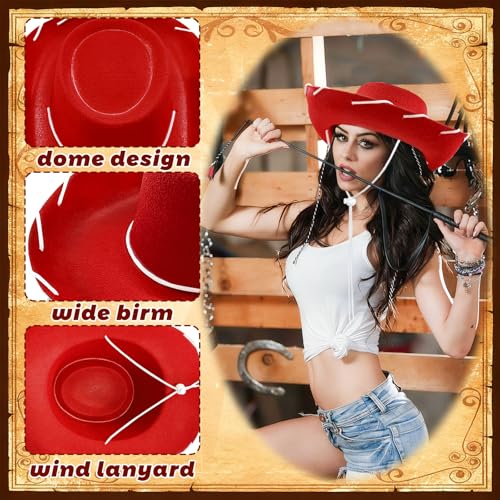 Cowgirl Hat,Western Cowboy Hats Wild West Classic Wide Brim Headwear for Men Women Halloween Cosplay,Themed Party - style: Red Cowgirl Hat With White Rope