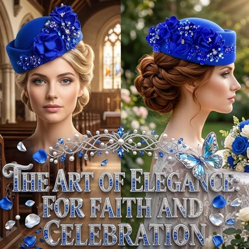Petaluna Women's Flower Beret Suitable for Church Wearing Elegant Breathable Wedding Party Retro French Headdress - color: Royal Blue