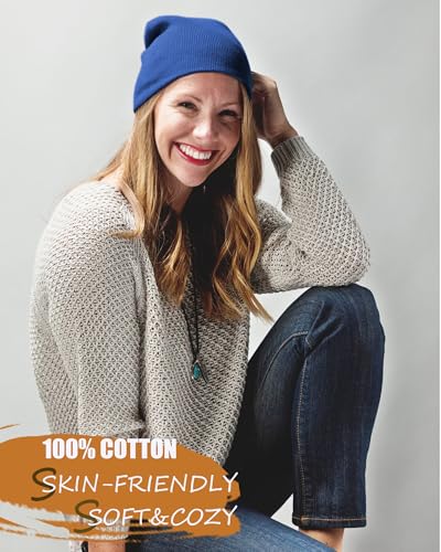 vidsel 100% Cotton Beanie Hat-Unisex Winter Knit Cuffed Beanies Skull Cap - color: 1-blue