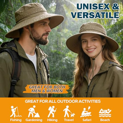 Men's UPF 50+ Waterproof Wide Brim Boonie Hat, Sun & Rain Protection - color: Camel (No Waterproof)