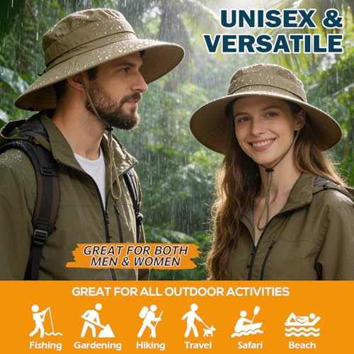 Men's UPF 50+ Waterproof Wide Brim Boonie Hat, Sun & Rain Protection - color: Camel