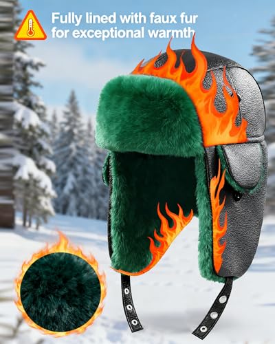 QLINLEAF Christmas Green Trapper Hat Winter Hats for Men Women Faux Fur Trapper Hat with Ear Flap Halloween Christmas Costume