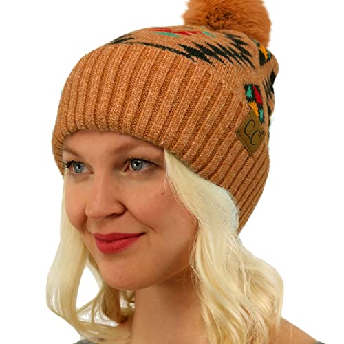 C.C Fur Pom Winter Fall Trendy Chunky Stretchy Cable Knit Beanie Hat - color: Aztec Desert Sand