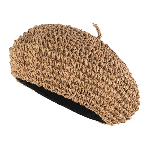 Women Summer Straw Woven Sunhat Classic Beret Artist Painter Sun Hat Cap - color: Khaki