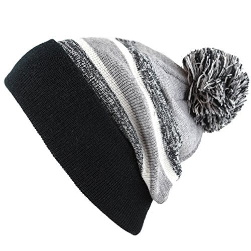 Winter Knit Beanie Hat with Pom Pom – Warm Cuffed Slouch Ski Cap for Men & Women - color: 1.black and Grey With Pom