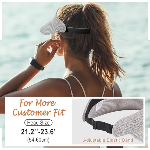 Chicingyou Sun Visor Hat for Women Wide Brim Straw Visors Beach Hat Ponytail UV UPF Packable Foldable Travel - color: Grey