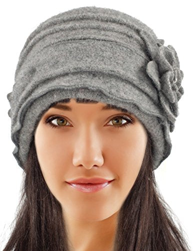 Dahlia Women's Winter Hat - Wool Cloche/Bucket Hat, Slouch, Flower - color: Ruffle Bucket Hat: Gray