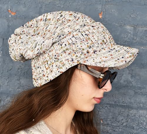 C.C Fuzzy Fleece Lined Warm Oversized Chunky Soft Stretchy Oversized Two Way Ribbed Slouchy Knit Hat with Visor Brim - color: Oatmeal