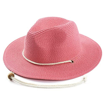 Women Straw Fedora Hat Summer Panama Beach Sun Hats UV UPF50+ Cap - color: Pink