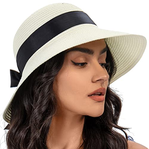 Sun Straw Hat for Women with Wind Lanyard Wide Brim Foldable Beach Summer Hats Womens UV 50+ Protection Bowknot Cap - color: Beige