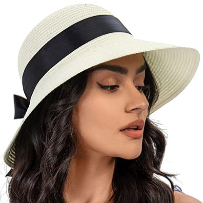 Sun Straw Hat for Women with Wind Lanyard Wide Brim Foldable Beach Summer Hats Womens UV 50+ Protection Bowknot Cap - color: Beige