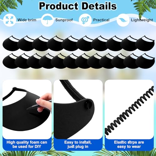 Sureio 22 Pcs Foam Sun Visors for Women with Coil Bands Bulk - color: Black