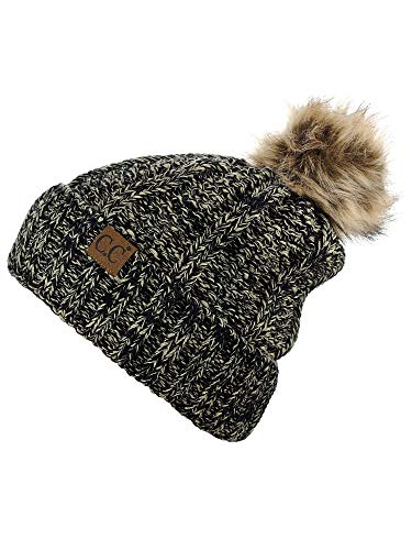 C.C Thick Cable Knit Faux Fuzzy Fur Pom Fleece Lined Skull Cap Cuff Beanie - color: 2 Tone Black/Dark Beige