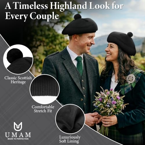 Scottish Tam O’ Shanter Hat Tartan Bonnet Pom Pom Wool Flat Cap One Size - color: Black Plain 022tcp