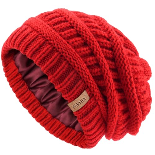 FURTALK Winter Beanie Hat for Women Satin Lined Cable Knit Chunky Slouchy Beanies Skull Warm Cap - color: Red
