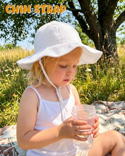HONGTEYA Baby Sun Hat Muslin Wide Brim Toddler Girl Beach Bucket Hat - color: White/Beige, size: 2-5T