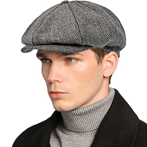 Mens Newsboy Cap High Woolen Tweed Gatsby Hat Ivy Cabbie Flat Golf Cap for Fathers Women Unisex - color: Herringbone Grey, size: 7 1/8-7 1/4