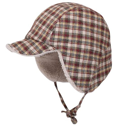 Reversible Winter Hat with Ear Flaps for Men Women Adult,Ladies Plaid Hat,Lamb Wool Lining Beanie Not for Kids - color: Plaid Beige
