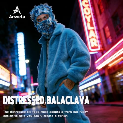 Distressed Ski Mask Balaclava, Yeat Shiesty Knitted Full-Face Mask - color: Camoblue