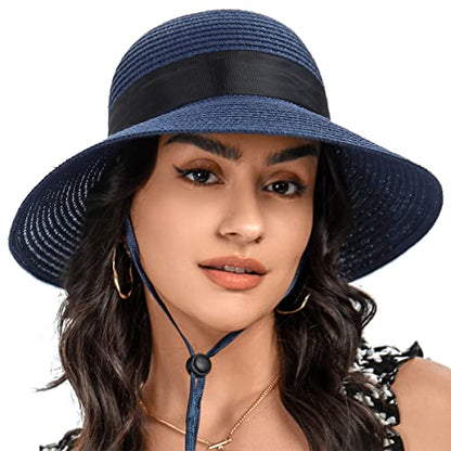 Sun Straw Hat for Women with Wind Lanyard Wide Brim Foldable Beach Summer Hats Womens UV 50+ Protection Bowknot Cap - color: Navy Blue