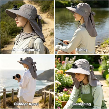 Womens Sun Hat UV Protection, Foldable Waterproof Wide Brim Bucket Hats with Neck Flap for Summer Beach Fishing Hiking - color: Light Gray1