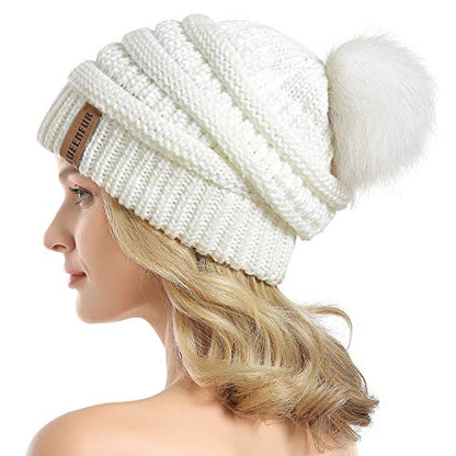 Women Knit Slouchy Beanie Chunky Baggy Hat with Faux Fur Pompom Winter Soft Warm Ski Cap - color: A4-white