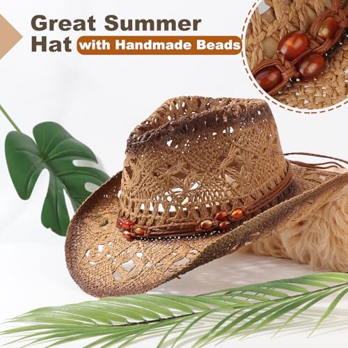 AQOKKA Straw Cowboy Hats for Women Men Western Cowgirl Hats with Shapeable Brim Woven Hollow Out Unisex Beach Roll Up Caps - color: Brown Beads Cowboy Hats : Khaki+coffee Spray-painted