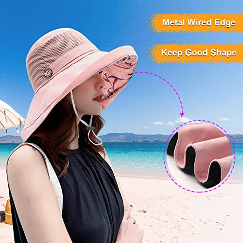 Women Wide Brim Sun Hats Metal Wired Edge Summer UV Protection Beach Fishing Hat for Hiking Garden Travel Chin Strap - color: M9163-pink, size: One Size