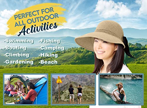 Straw Sun Visor for Women, Wide Brim UPF 50+ Protection Beach Hat, Adjustable, Roll Up Foldable Ponytail Cap with Chin Strap - color: A Beige